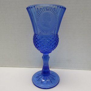 Vintage Collectible Cobalt Blue Glass Goblet with George Washington Emblem 8" in